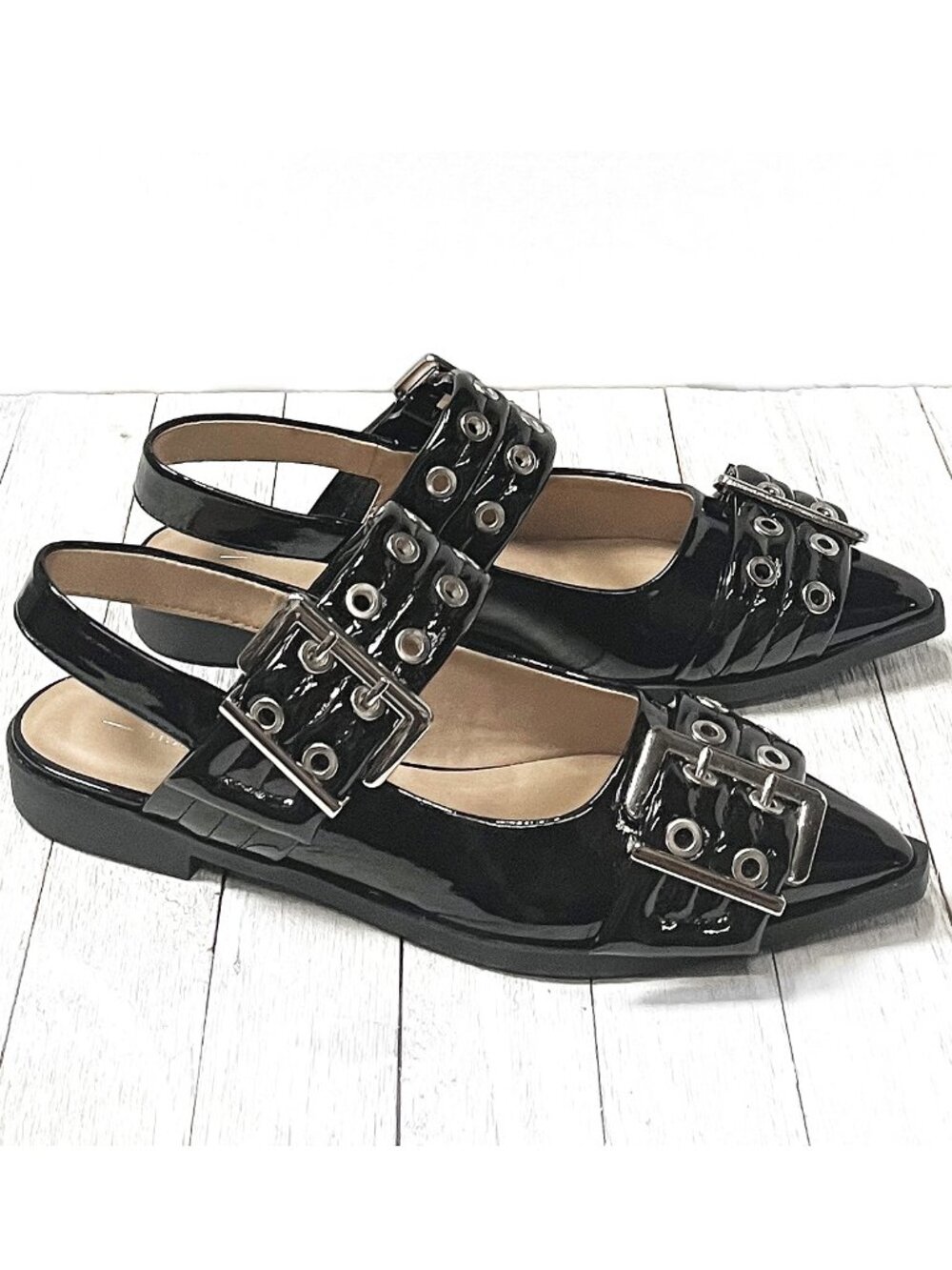 New Womens Black Buckle Pointed Toe Mary Jane Ballet Flats